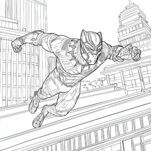 Coloriage 1 de Black Panther qui saute d'immeubles en immeubles