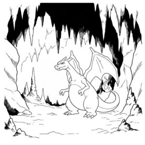 Coloriage 5 de Dracaufeu dans une grotte