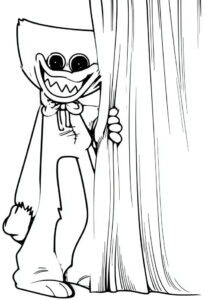 Coloriage 3 de Huggy Wuggy derrière un rideau