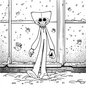 Coloriage 5 de Huggy Wuggy dans une maison abandonnée