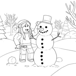 Coloriage 5 de skin Roblox pour fille qui construit un bonhomme de neige