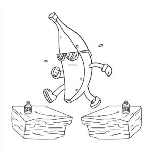 Coloriage 3 du skin banane dans Stumble Guys qui franchit un obstacle