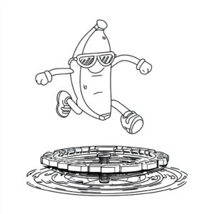 Coloriage 4 du skin banane dans Stumble Guys qui rebondit