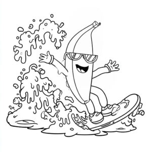 Coloriage 7 du skin banane dans Stumble Guys qui surfe