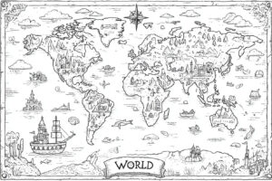 Coloriage 4 de la carte du monde avec détails