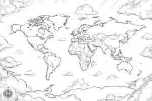 Coloriage 5 de la carte du monde avec des paysages