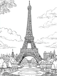 Coloriage 4 de la Tour Eiffel avec le paysage parisien