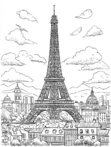 Coloriage 6 de la Tour Eiffel avec vue sur Paris